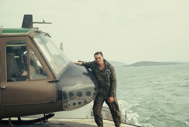 Specialist Trexler with aircraft during shipboard operations on Ship 852 moving to attack position in Vietnam